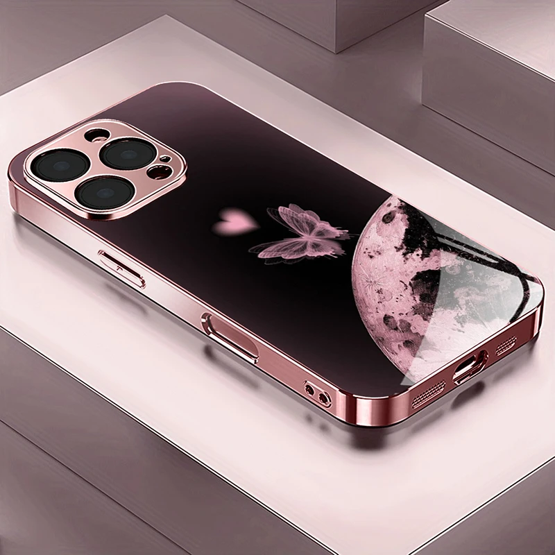 

Lunar Butterfly Pattern Metallic Tempered Glass Phone Case For iPhone 17 16 15 14 13 12 11 Pro Max 15 Plus 17 Air 17E Cover