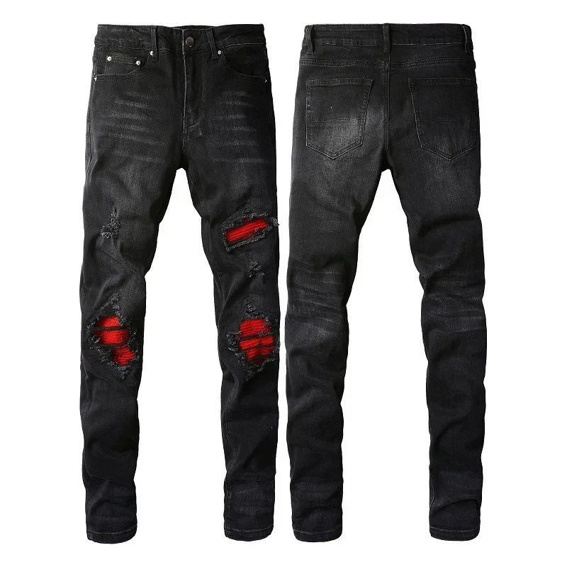 

European and American Street Fashion Ripped and Patchwork Jeans, High Street Trendy Men's Slim-Fit Slim-Fit Denim Long Pants