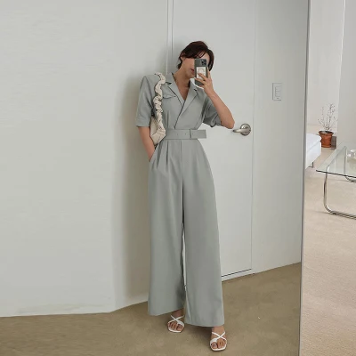 Long Wide Leg Suit Onesie Women's Summer Loose Slimming Chic Casual Drapey Straight Cut Pants High Waist Jumpsuit