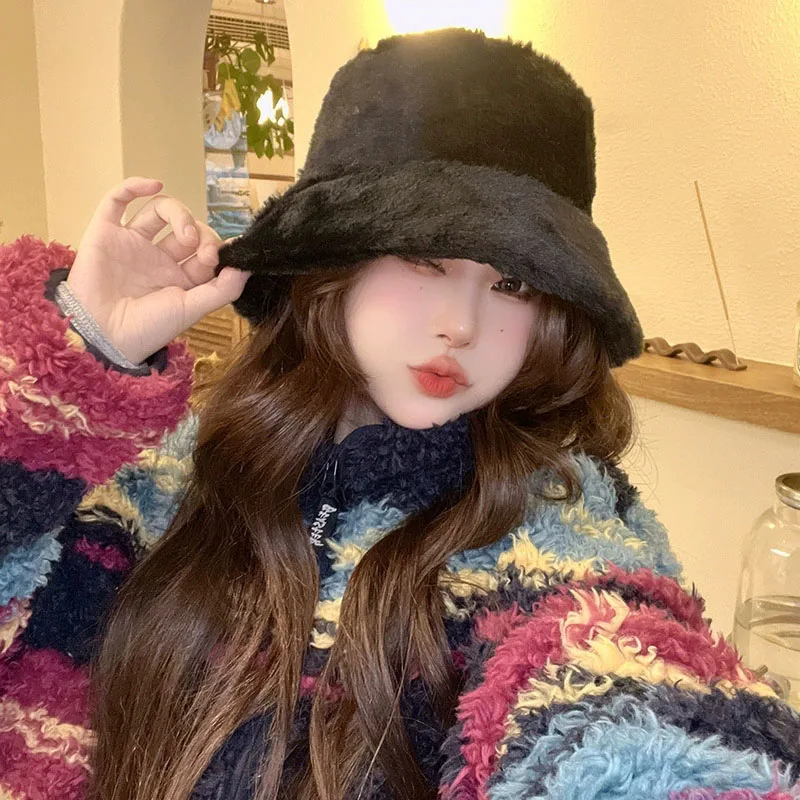 한국 패션 플러시 플러피 버킷 햇 여성용 겨울 두꺼운 인조 모피 따뜻한 어부 모자 여성용 스트리트 야외 따뜻한 파나마 모자