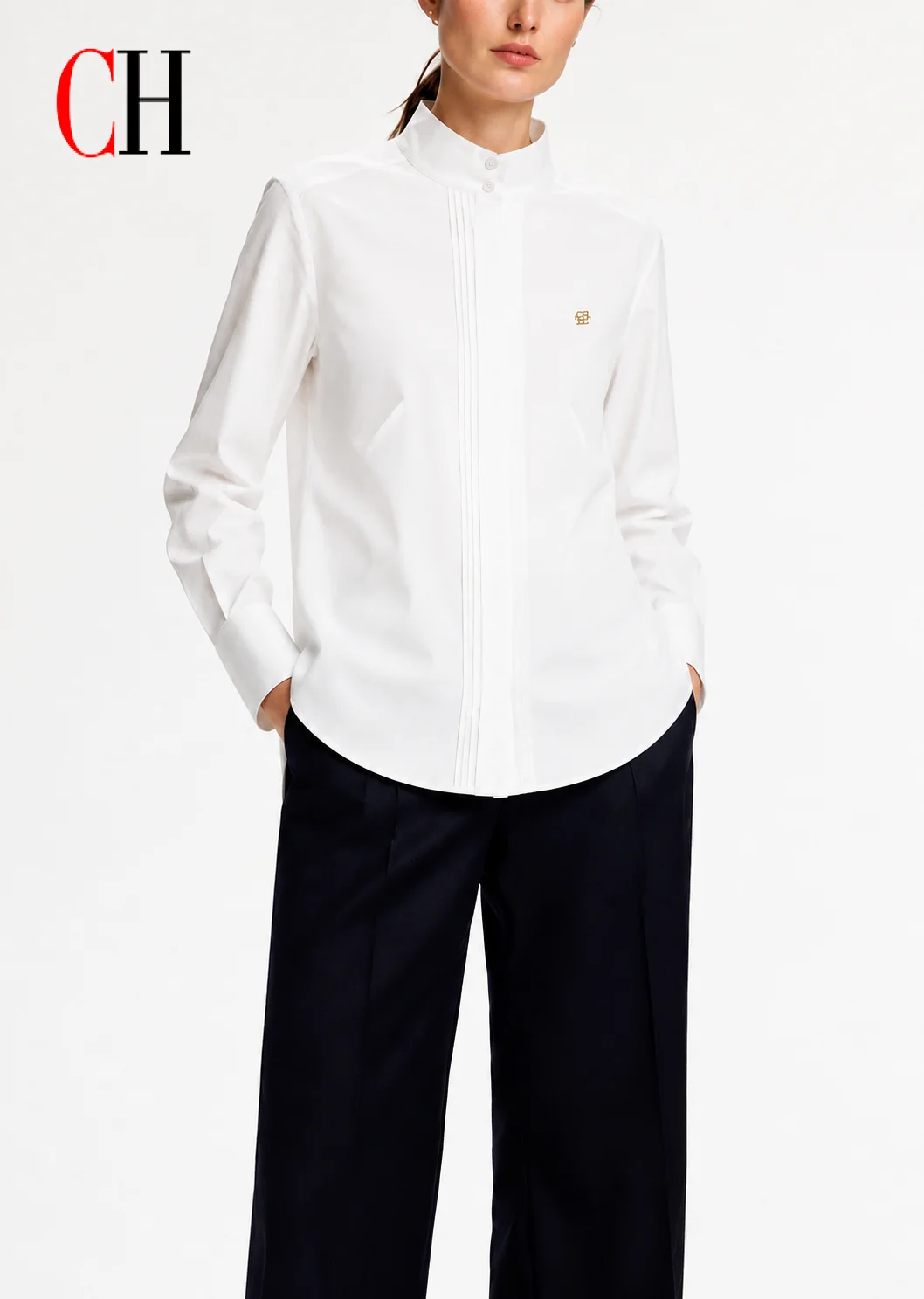 CH Women's White Stand Collar Shirt Long Sleeve Pleated Front Slim Fit Office Blouse Elegant Business Workwear Top image 2