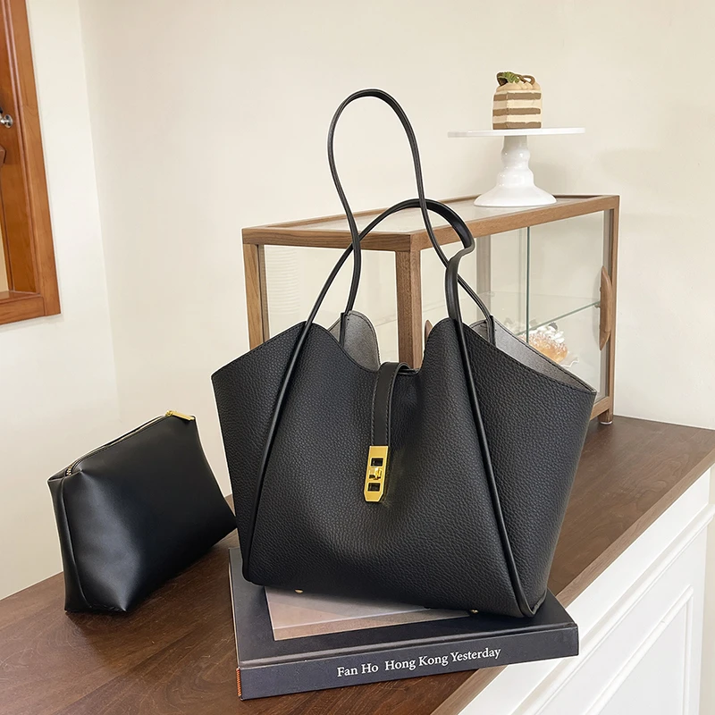 

2 Set Shoulder Bag Black Handbag Large Capacity Bag Quality PU Leather bolsa feminina Casual Fashion Commute Underarm Tote Bag