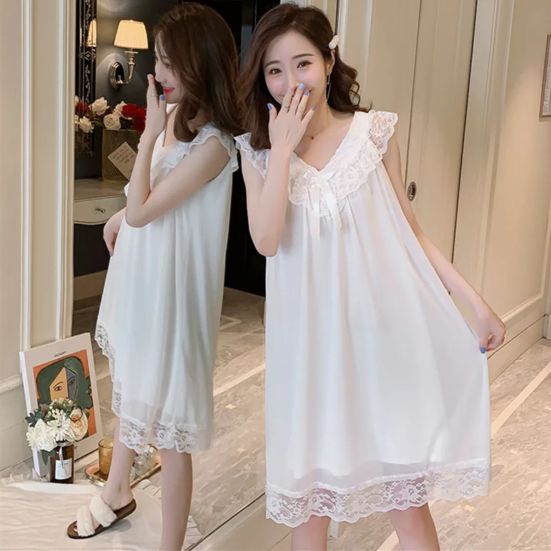 

Sweet Modal Nightgowns Women V Neck Sleepwear Dress Loose Lace Sexy Summer Nightdress Female Sleeveless Nightshirt