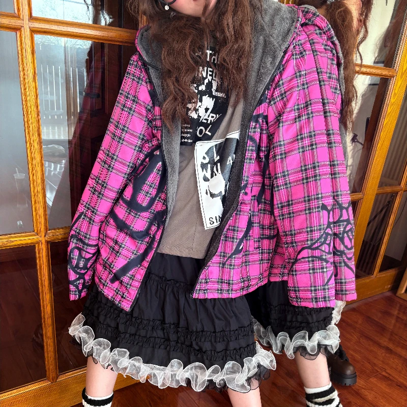 Autumn Winter New Subculture Cotton Women's Jackets Vintage Design Loose Hooded Fleece Cotton Printed Sweatshirt Coats Ladies