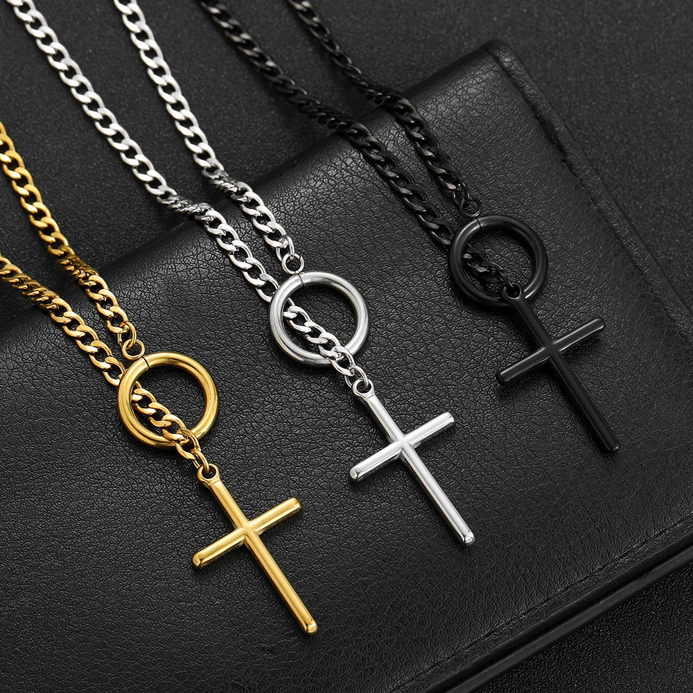 Fashion Stainless Steel Golden Black Circle Cross Pendant Necklace Universal Party Accessories For Men and Women Christmas Gift