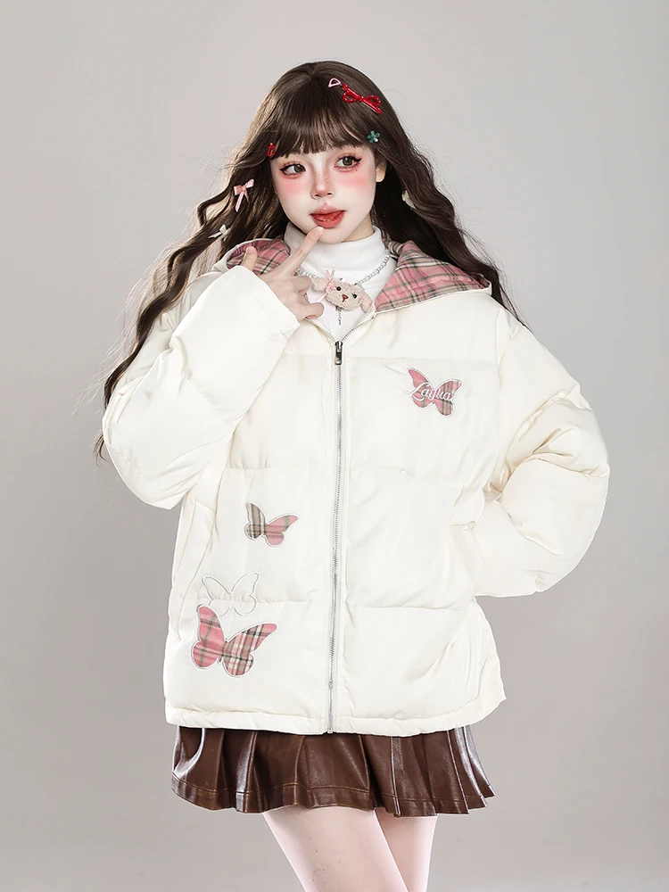 

Sweet Cute Plaid Color Blo Hooded Cotton Jaet Women's Winter Loose Casual Thiened Super Beautiful Cotton Coat