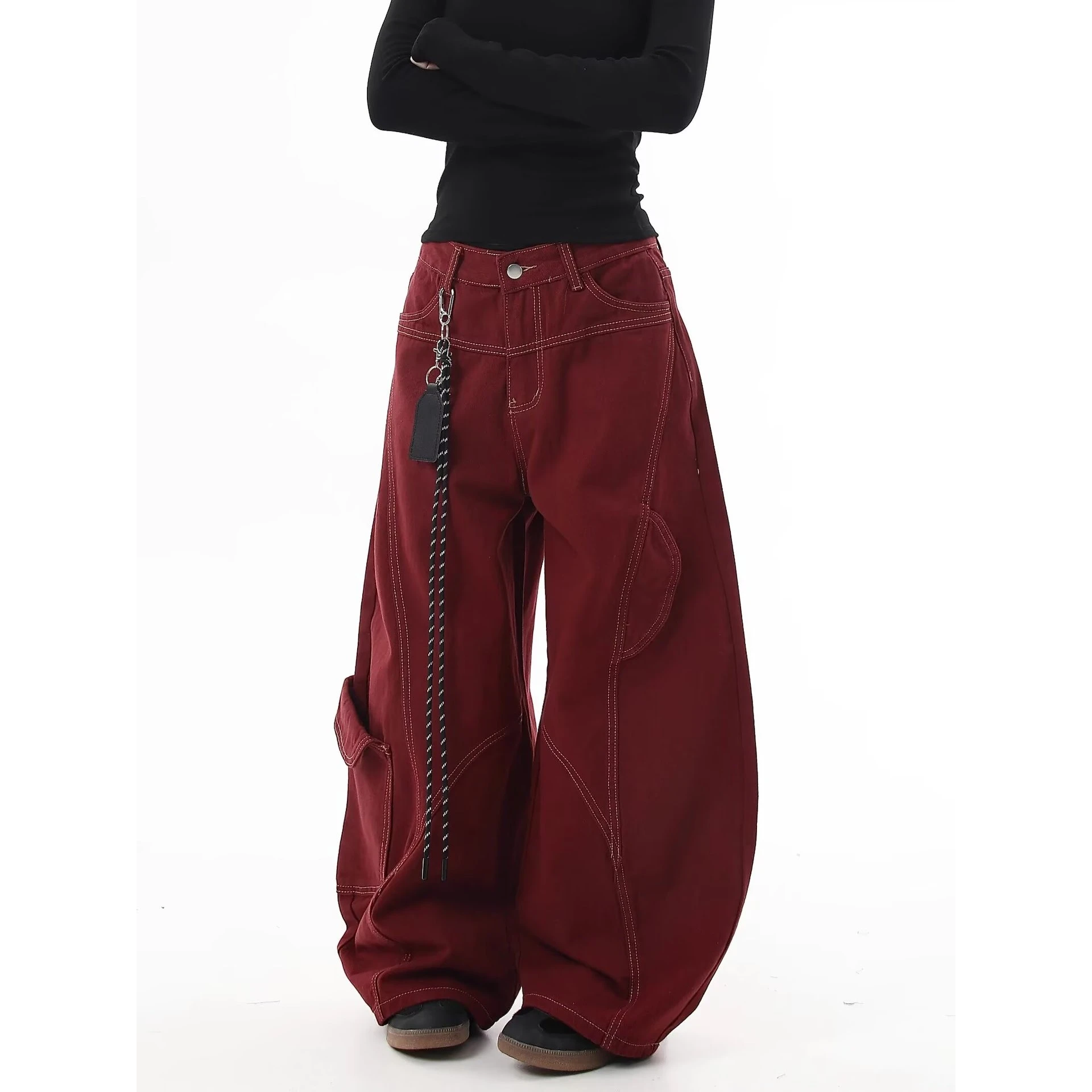 American Retro Dashed Line Deconstructed Multi-Pocket Unisex Casual Long Pants Drawstring Decor Loose Knife Denim Jeans