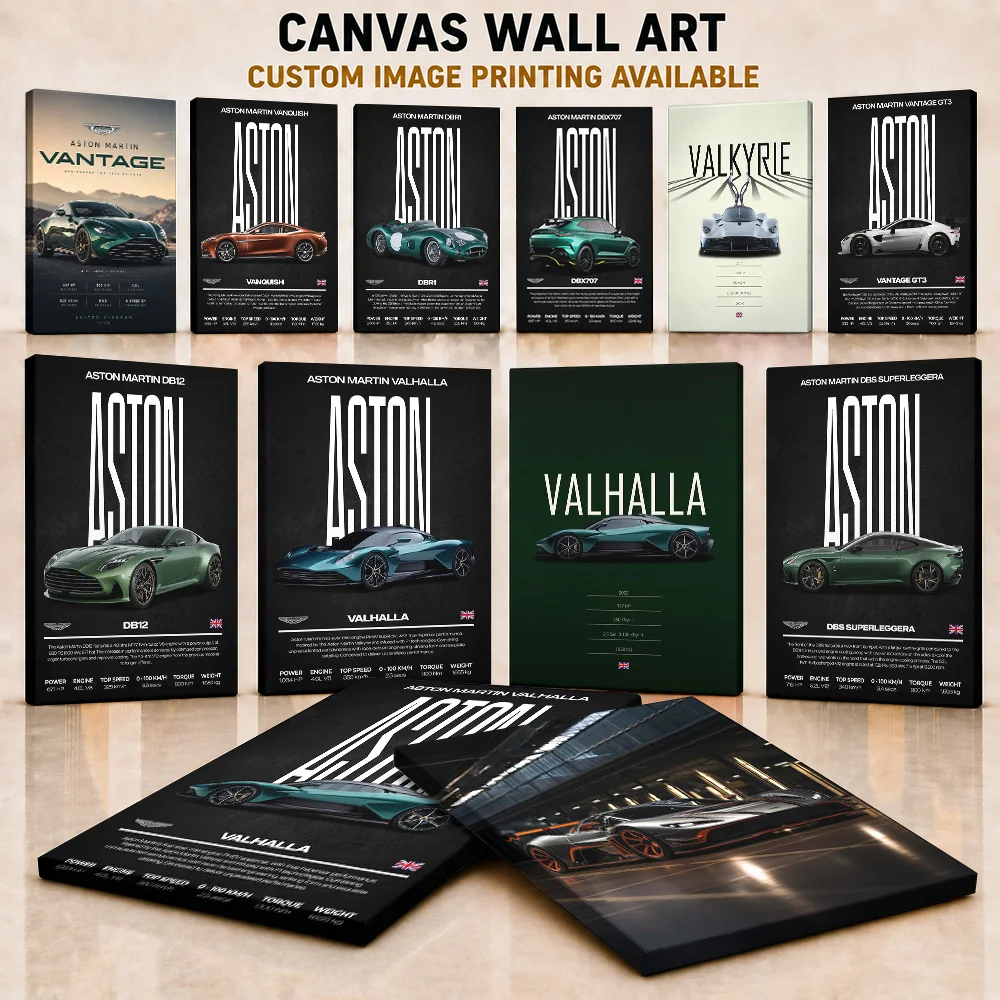 Aston Martin Canvas Print Posters Classic Motorsport Design Wall Art With Customized Photo For Teen Bedroom Ideal Driver Gift