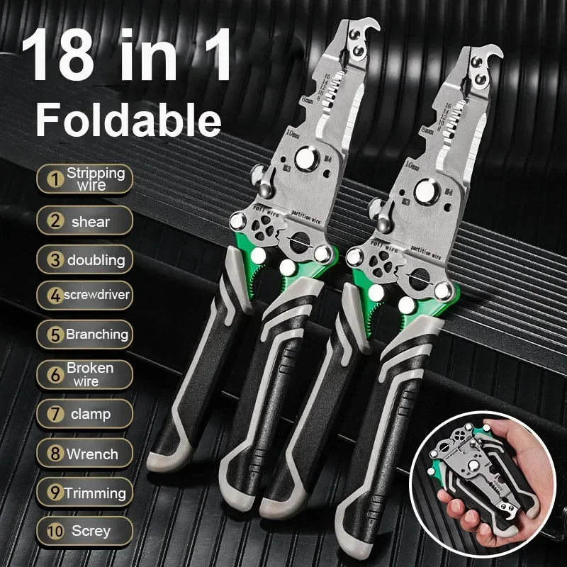 18 in 1 Foldable Electrician Wire Crimper Peeler Pliers Cables Stripping Press Plier Terminal Crimping Gross Side Cutting Tool