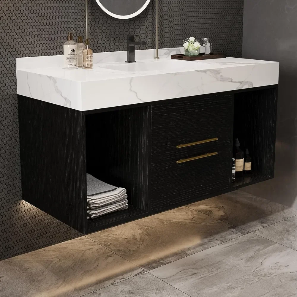 

40 Inch Modern Wall Mounted Bathroom Vanity with Ceramic Sink. Quick Assembly Solid Wood Floating Bathroom Vanity Cabinet