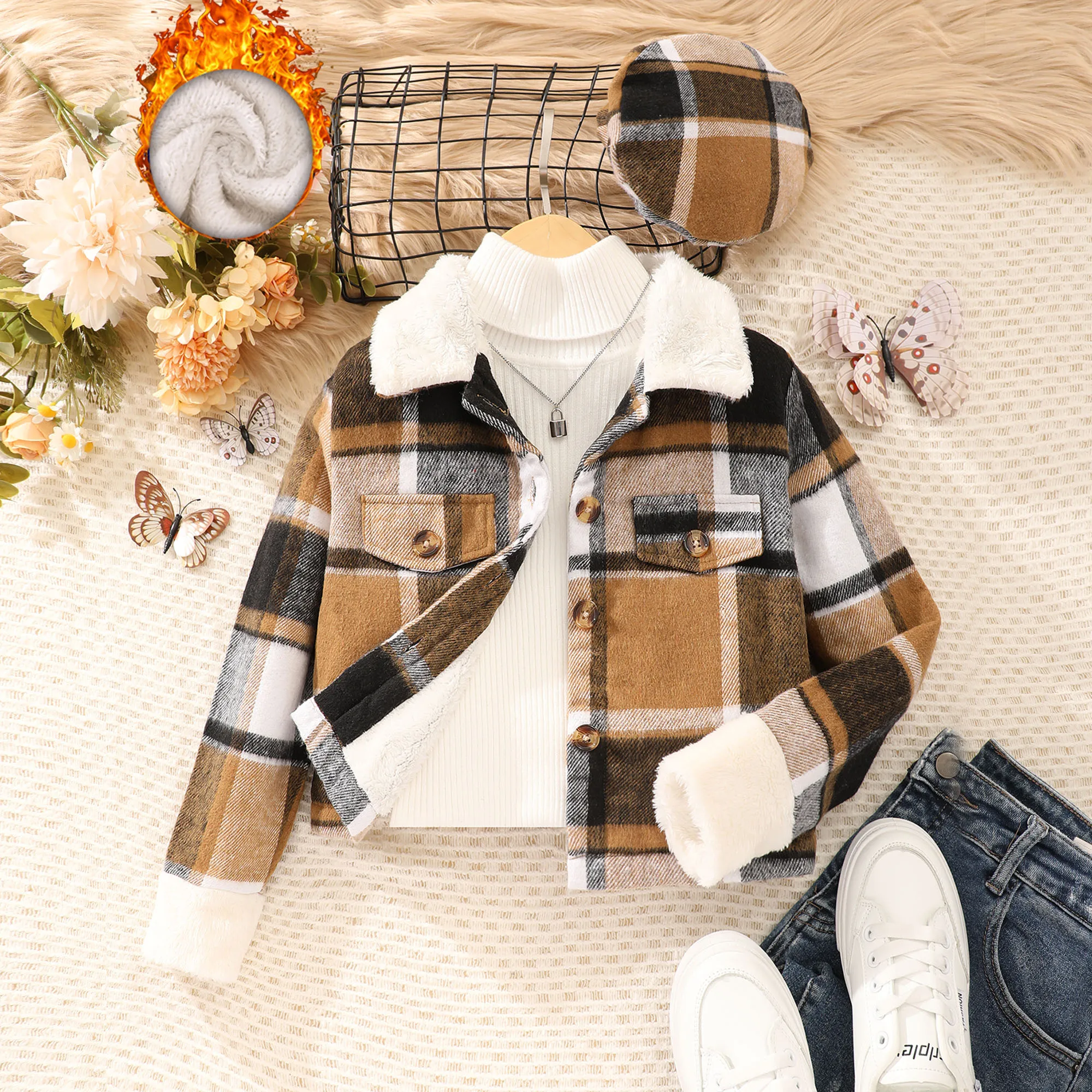 

2023 Autumn Winter Girls Long Sleeved Polo Collar Plush Plaid Jacket with Hat Fashion Simple Soft Coat 8 9 10 11 12 Years