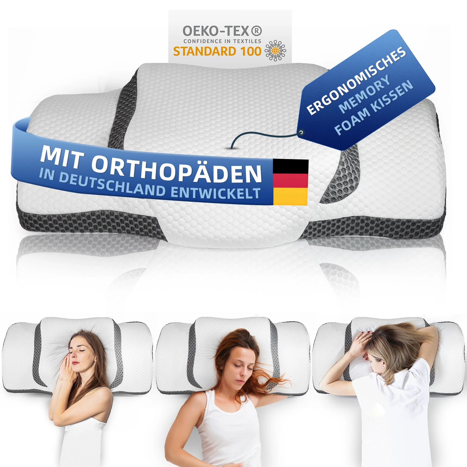 Orthopädisches Kissen, Ergonomisches Nackenkissen Kopfkissen, Memory Foam Kissen Original für Seiten, Rücken & Bauchschläfer, Nackenstützkissen für Männer, Frauen (67.3 x 38.2 x 13.8/3cm)