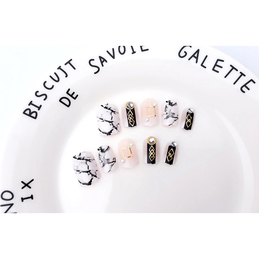 

Pcs Fashion False Nails Elegant Manicure Full Cover Medium Length Fake Nails Marble Prints Black Nail Tips with Artificial Diamo