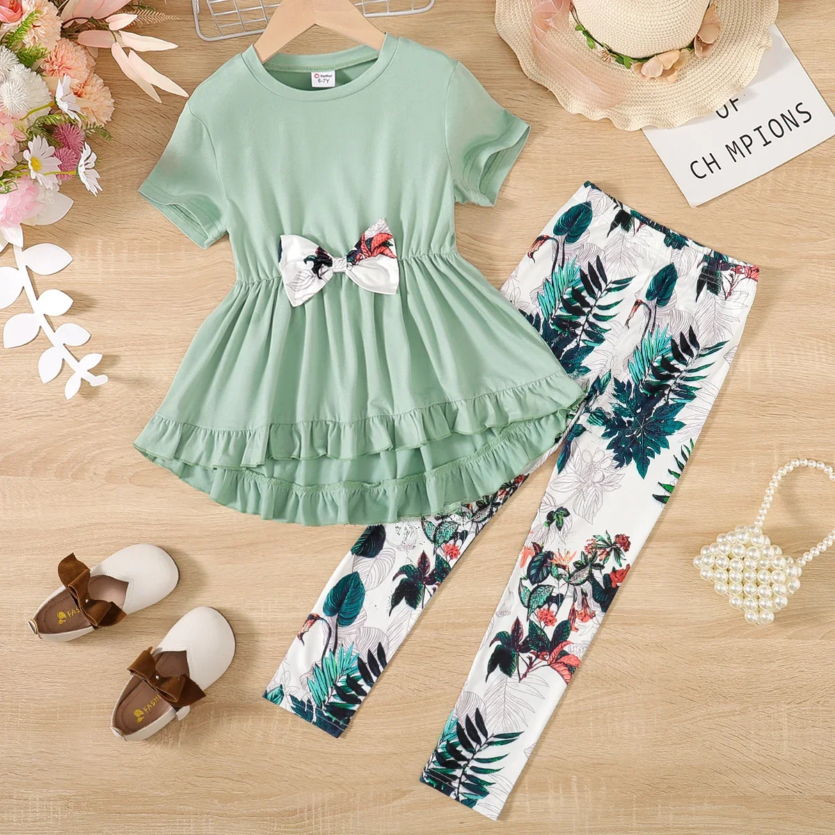 PatPat 2pcs Kid Girl Bow Front Peplum Top and Plant Floral Pants Set Soft and Comfortable  Perfect for Outings and Daily Wear