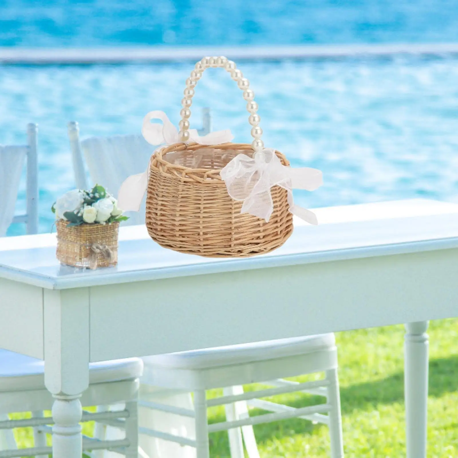 Flower Girl Basket Wedding Flower Basket Picnic Basket with Liner,Wedding Petal Basket Wicker Baskets for Wedding,Home Events view 4
