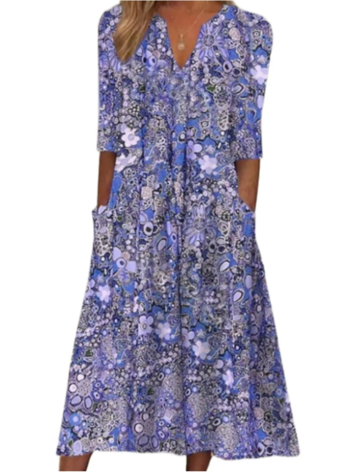 Robe de Soirée Vintage à Imprimé Floral pour Femme, Tenue de Plage Midi, Style Boho, Col en V, Manches Courtes, Poches, Nouvelle Collection Été