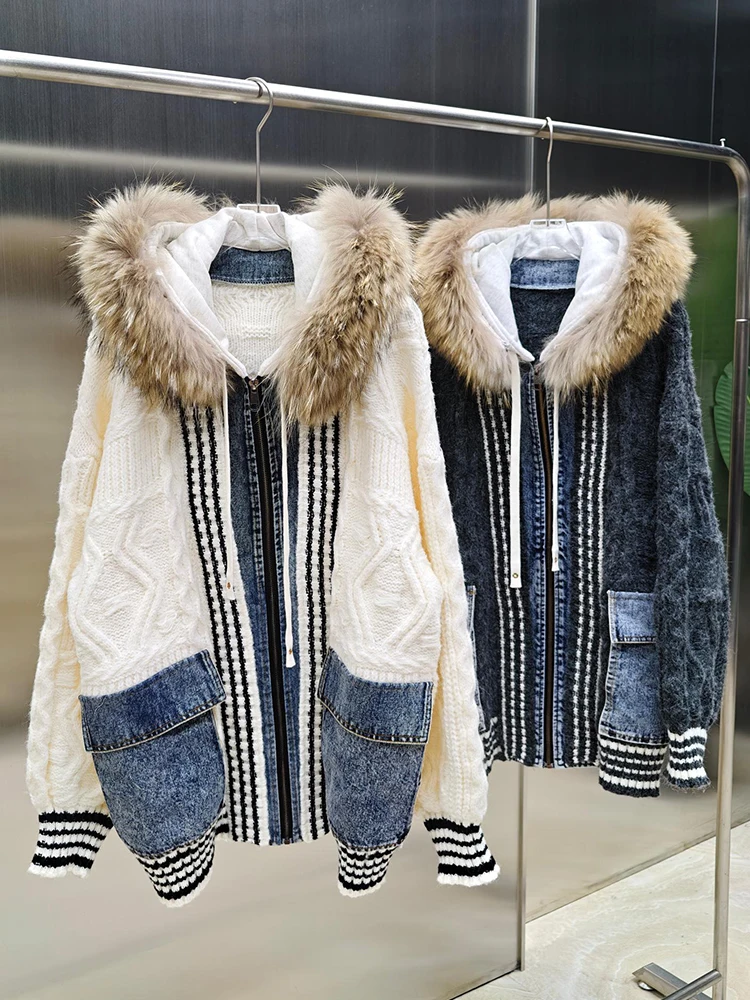 

Women Real Fox Fur Hooded Cardigan Loose Sweater With Denim Outwear Female Sleeve Coat