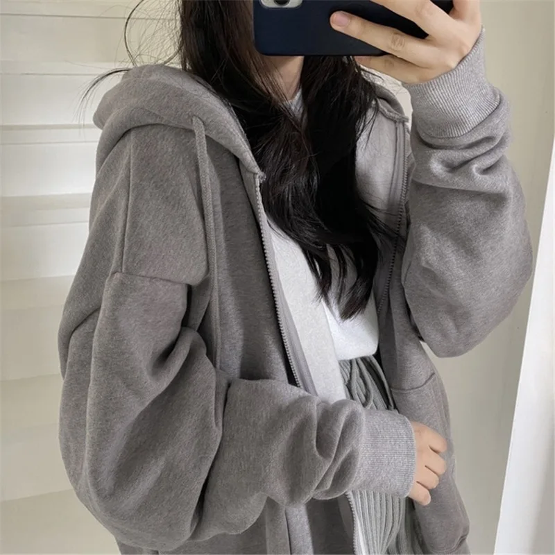 Women Zip Up Hooded Sweatshirt Korean Loose HoodieThickened Hooded Zipper Thickening Plushing Hoodies Casual Solid Jacket Coat