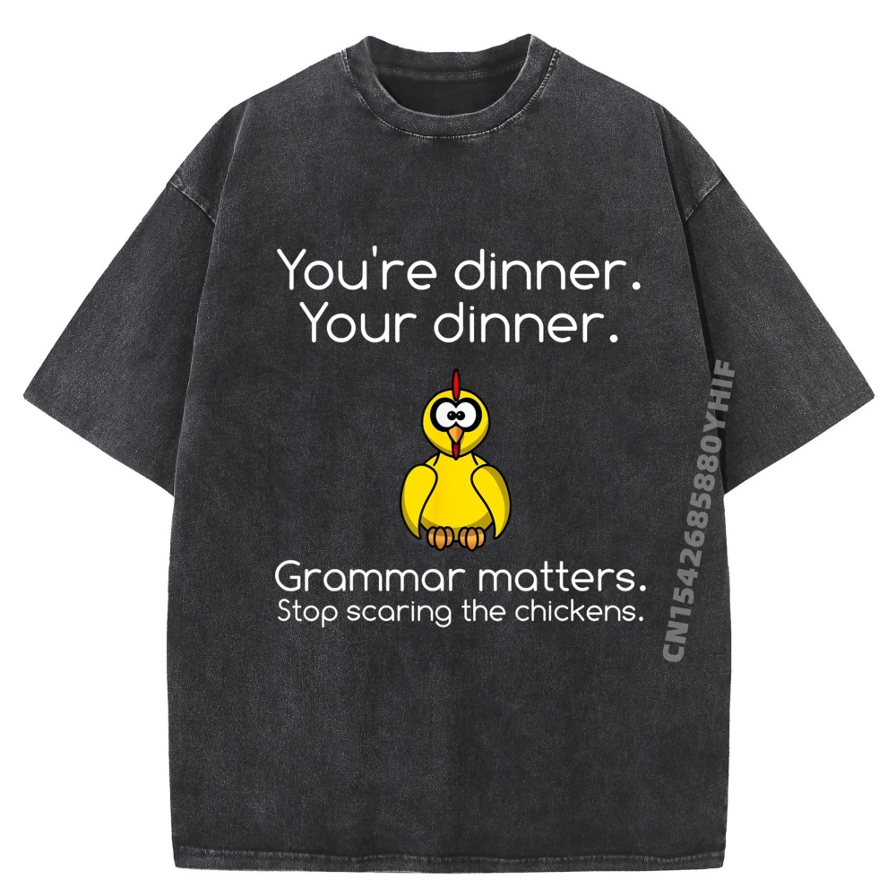 

Funny Grammar Stop Scaring The Chickens Shirts White Graphic Tee Tshirt Printed Washed Shirt Mens T-shirt