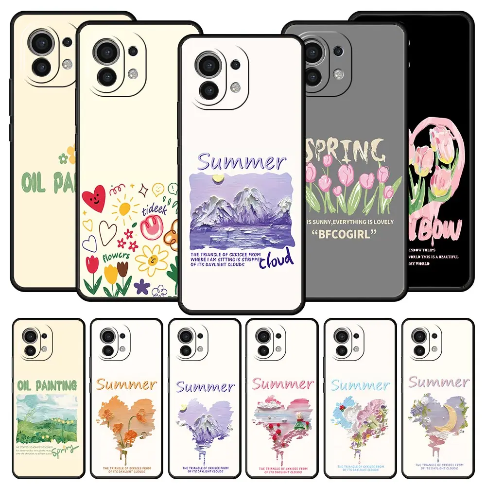 Coque pour Xiaomi Mi 17 15 14 13 12 11 Lite 15T 14T 13T 12T 11T Pro 5G Poco X7 X6 X5 X3 Pro – Motif Amour Art Estival Nuage Fleur Huile