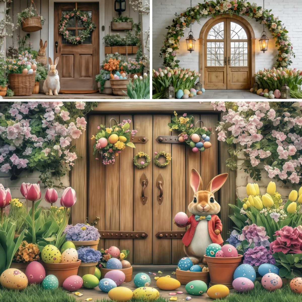 Spring Easter Photography Backdrop Garden Flowers Wooden Door Rabbits Eggs Kids Adult Birthday Party Decoration Photo Background