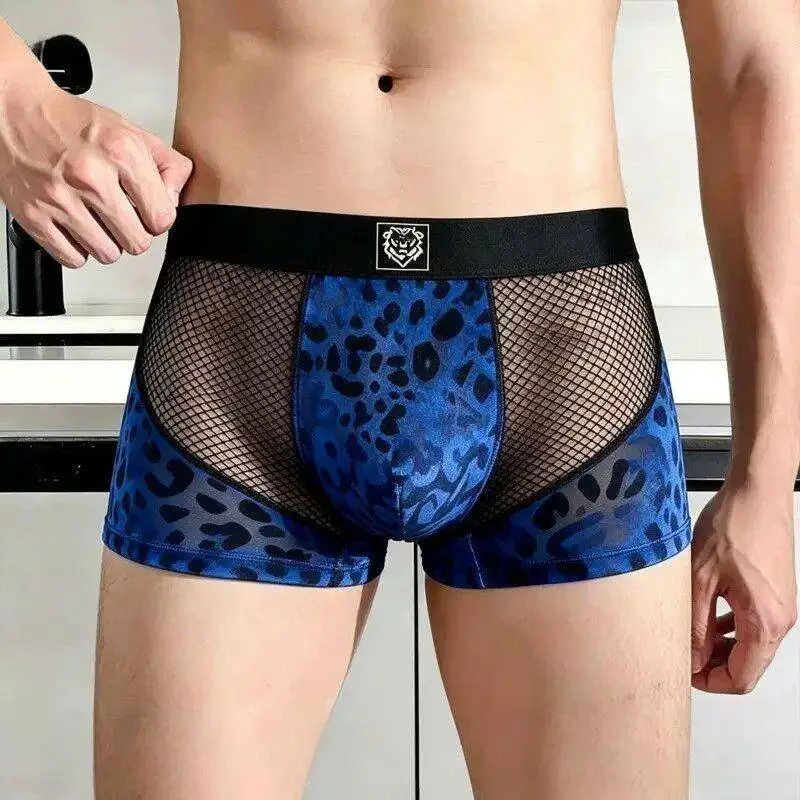 Comfortable Men's Velvet Underwear Breathable Ice Silk Burned Flower Net Pants Luxury Casual Sportswear mid Waist Design