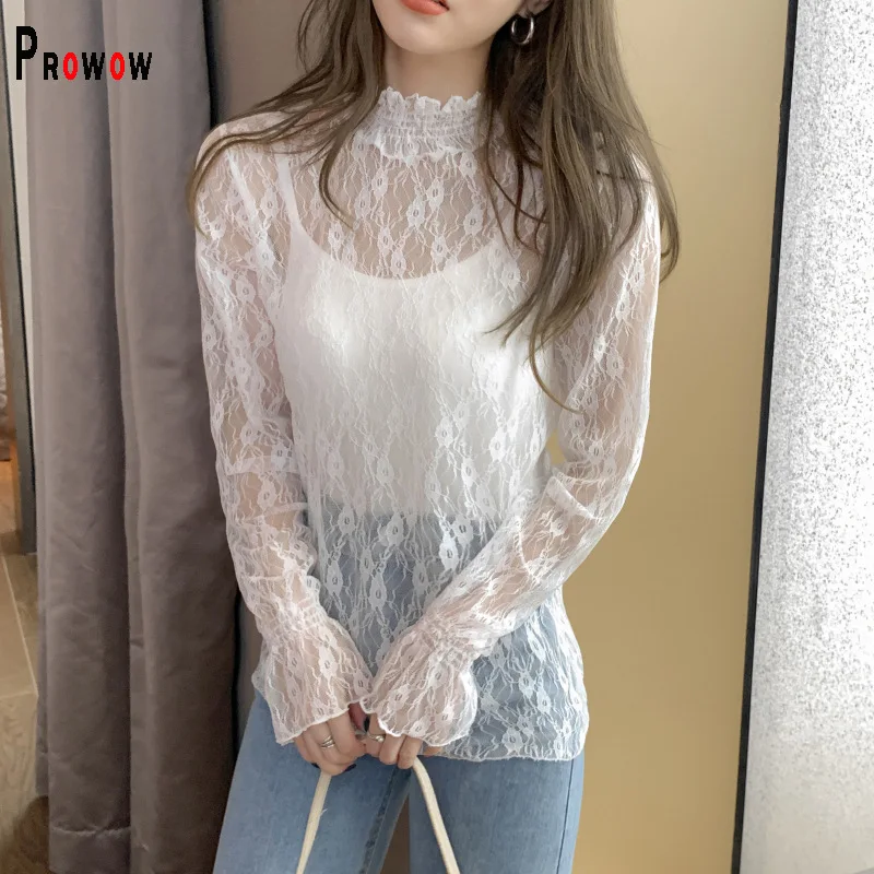 Prowow Sexy See Through Lace Flower Women's Blouse Shirts Long Sleeve Spring Summer Thin Crop Tops Clothes Basic Female Outfits