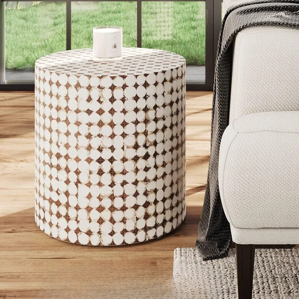 Round Side Table - 16” Dia x 16.5” h Living Room, Entryway, Small Spaces, Bedside Tables - Real Coconut Shell Mosaic Inlaid