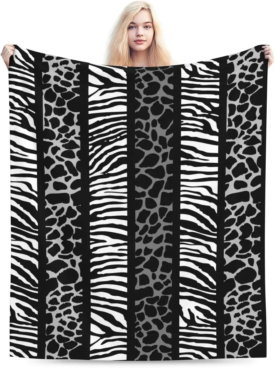 Mixed Animal Print Throw Blanket Black White Zebra Stripe Bed Blanket Soft Warm Cheetah Leopard Sofa Couch Room Decor