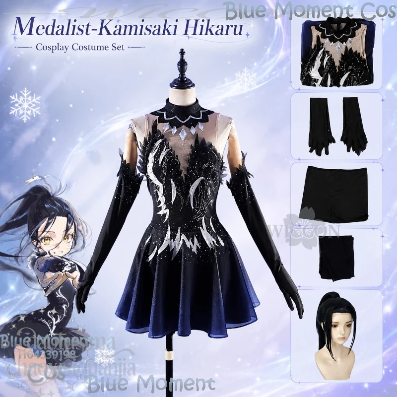 Disfraz de Patinaje sobre Hielo Negro Estilo Punk de Kamisaki Hikaru, Peluca de Alta Calidad de Jirai Kei, Disfraz de Anime para Halloween