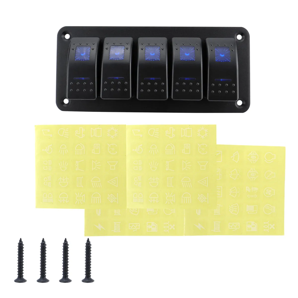 5 Sets 5-Pin Rocker Switch Panel 12V 24V, Pre-Wired ON-OFF Toggle Switch Aluminum for Car Boat ATV Trailer (Blue)