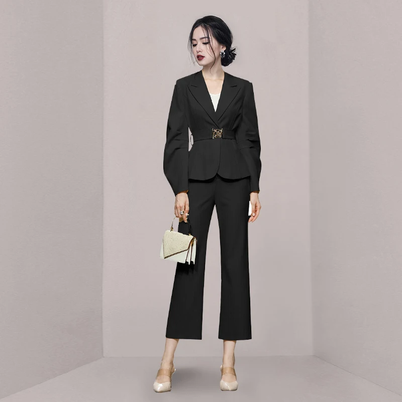 

Early Autumn Women's Suit Set Waist-Cinching Workplace Maturity Black Flared Pants High Waist Slimming Two-Piece Ensemble