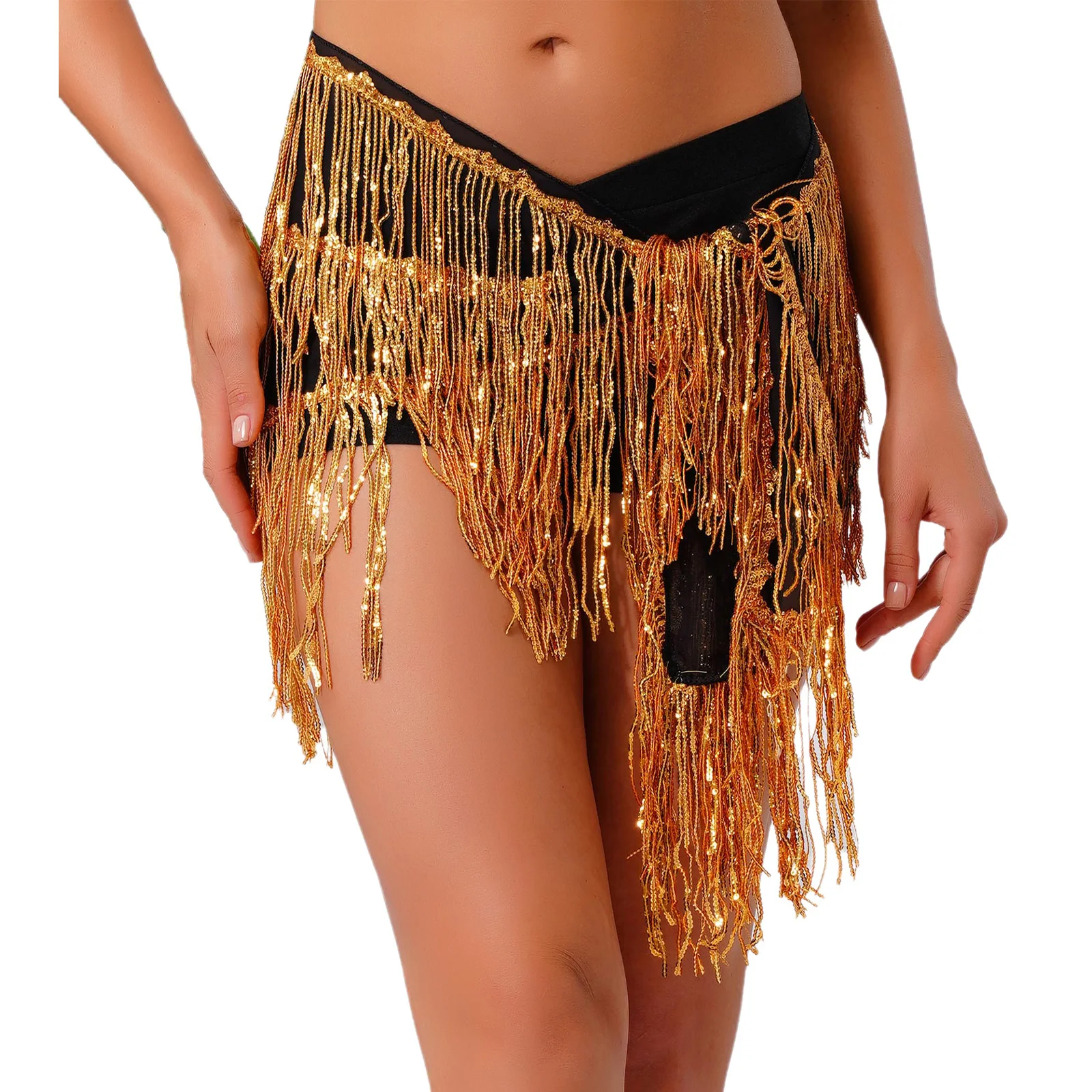 Bauchtanz-Hüfttuch für Damen, glitzernde Pailletten, glänzende Quaste, Fransen, Schnürung, Taillenkette, Rock, Folk-Latin-Bauchtanzkostüme