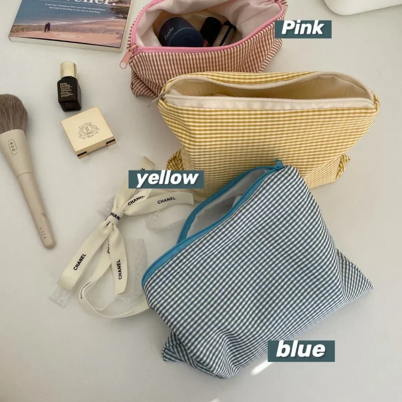 Bolsa de maquillaje a cuadros para mujer y niña, bolsa de cosméticos de algodón con cremallera, bolsa de almacenamiento de gran capacidad portátil Simple, moda