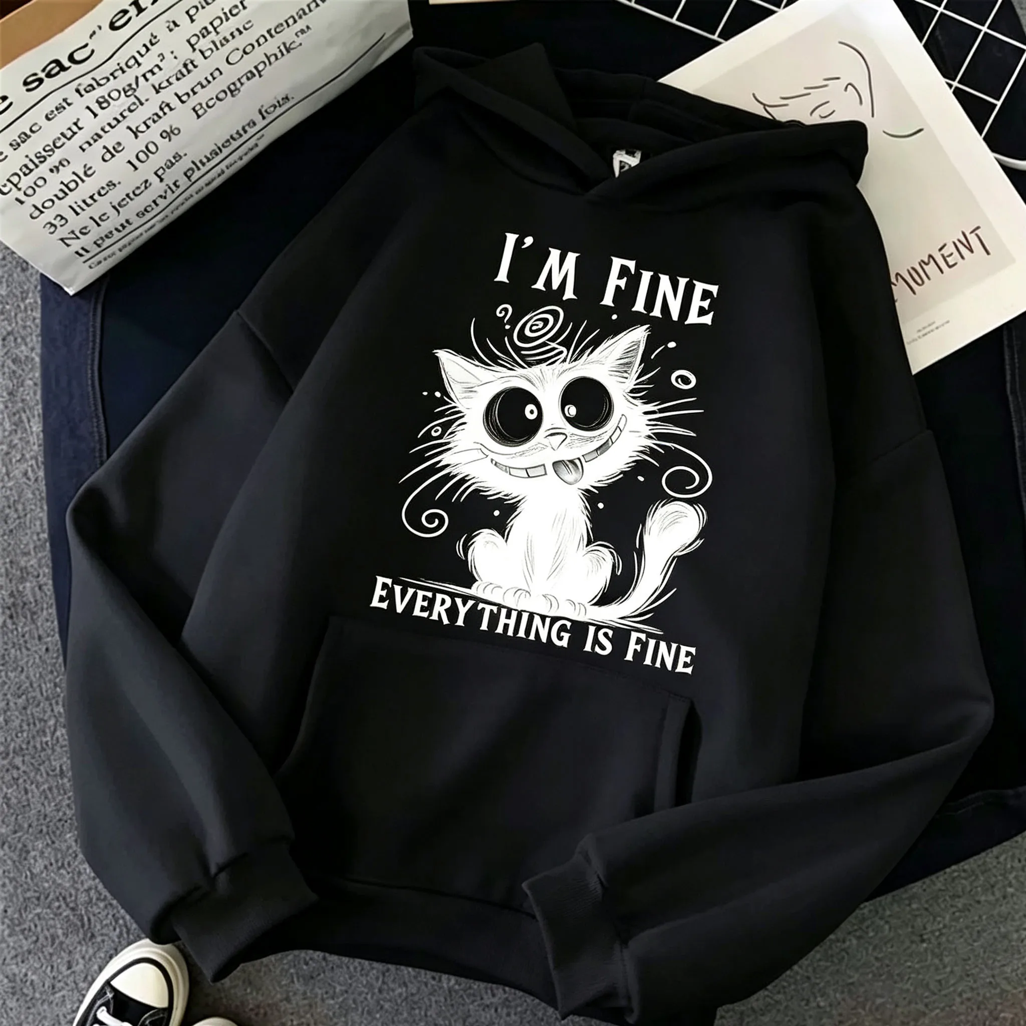 Damen „I'm Fine Everything Is Fine“ Schwarzer Katzen-Hoodie Lässiger Loser Langarm-Kapuzenpullover Lustiger Cartoon-Pullover Streetwear – Detail 10