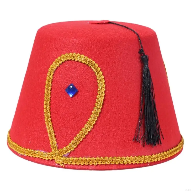 

652F Exotic Turkish Hat Moroccan Themed Headwear with Gold Trim Black Tassels Fez Hat Egyptian Themed Hat Unique Headpiece
