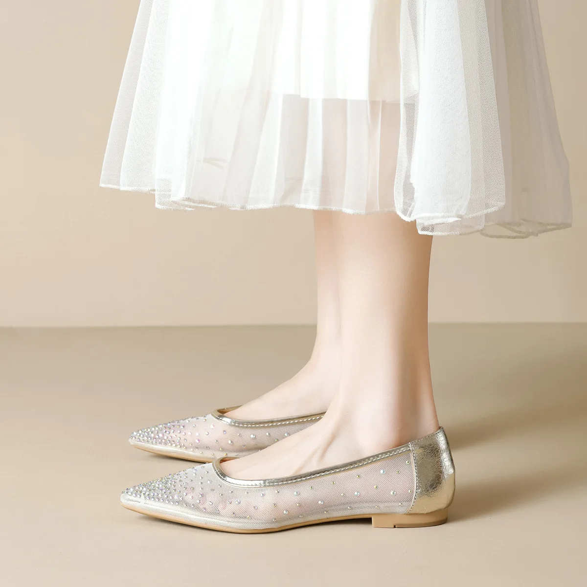 

Rhinestone Mesh Flats Sandals for Women Pointed Toe Breathable Elegant Dress Shoes Ladies Light Fashion Luxury Brand Women Shoes