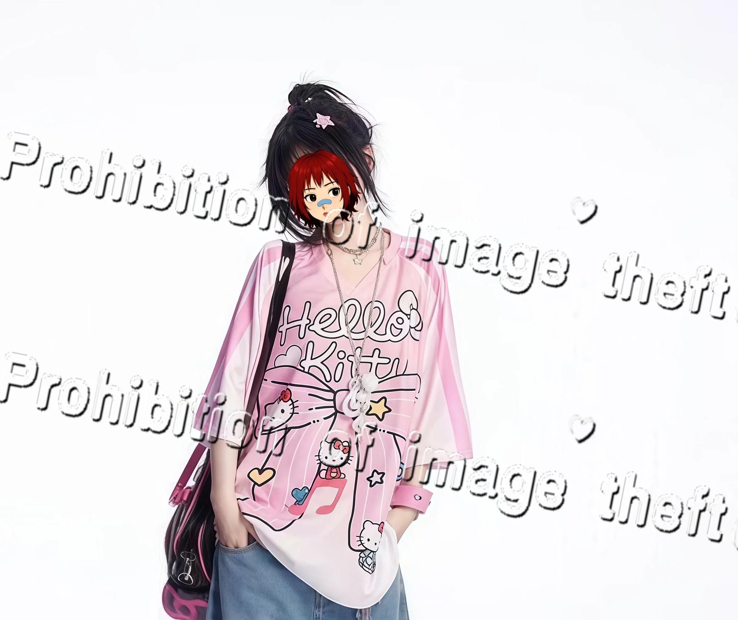 

Hello Kitty Bow Printed Sports V-neck Casual T-shirt for Adults Children Short Sleeve Fashion Y2K Breathable Street T-shirt