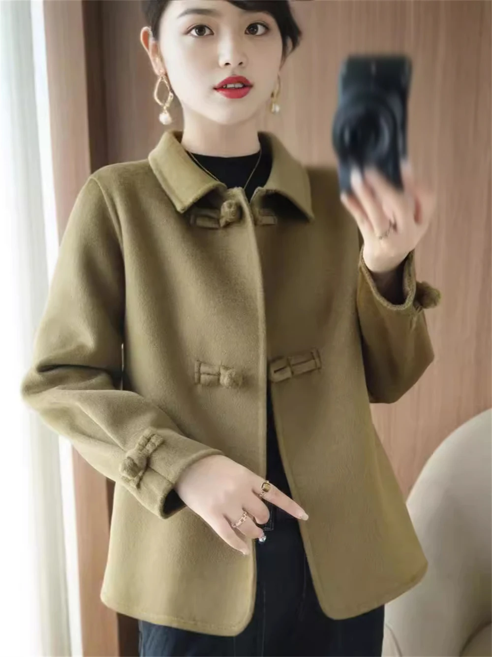 1pcs New Chinese Style Double-sided Cashmere Coat Women's Autumn Winter Doll Collar Short Temperament Elegant Woolen Coat Gift