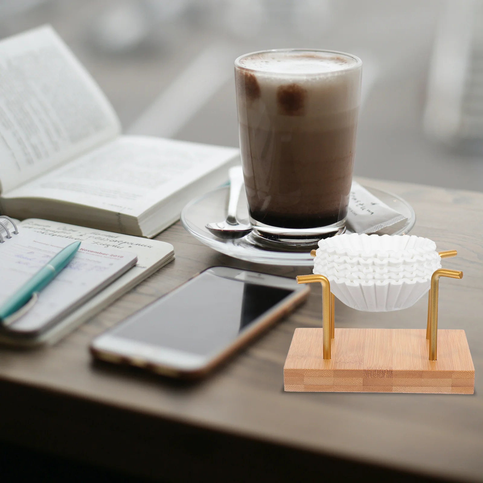 

1pc Cake Filter Paper Rack Premium Bamboo Iron Large Capacity Coffee Paper Storage Holder Decorative Stand For Coffee Shop