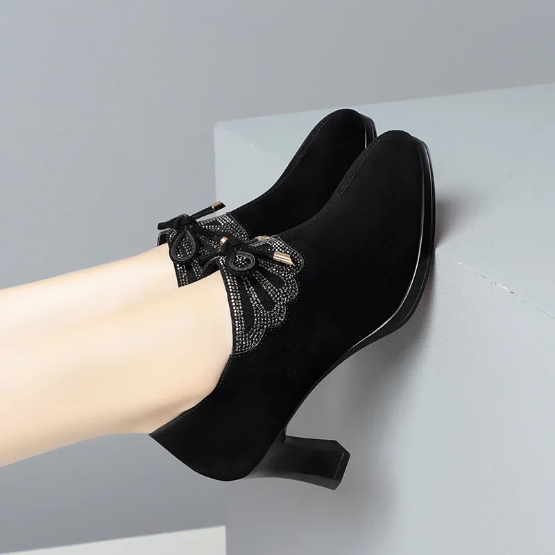 Deep Mouth Block Heels Platform Shoes Women Pumps 2024 Pointed Toe Soft Leather High Heel Office Black Elegant Bow Tie Retro