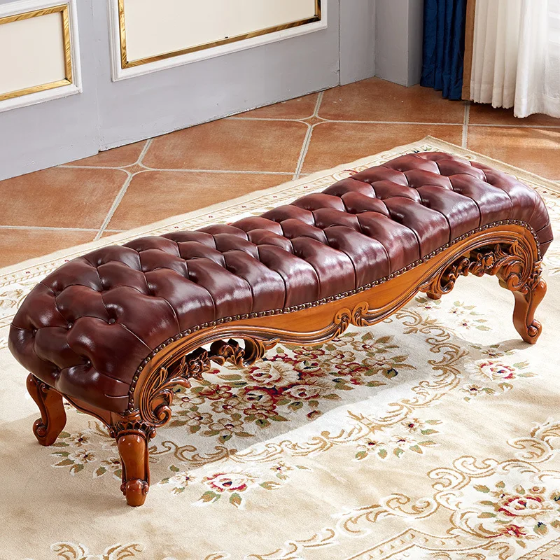 

European-style tail stool shoe change stool American sofa foot pedal all solid wood old carved shoe stool bench soft bag b