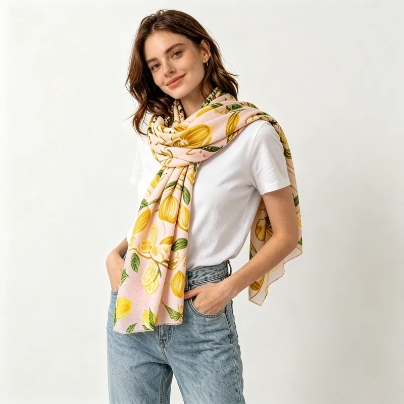 

2026 New Cotton Linen Feel Scarf Glitter Lemon Print Shawl Large Soft Hijab Beach Cover-up Neck Scarf Ladies Fashion Accessory