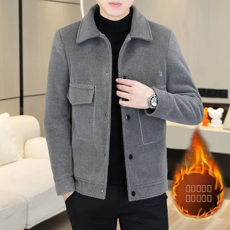 

New 2025 Men's Thiened Woolen Jaet Casual Sli Autumn Winter Coat Korean Sle Windbreaker Slim Fit Regular Length