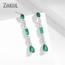 ZAKOL Fashion Green Water Drop Long Dangle Earring for Women Pink Cubic Zirconia Bridal Earrings Wedding Party Jewelry