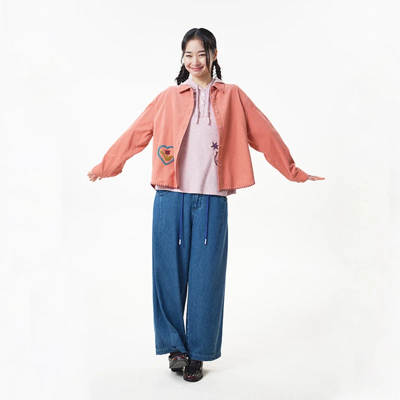 MOVEUP Women's Corduroy 100% Cotton Shirt 2026 Autumn Lapel Heart Flower Embroidery Top Loose Casual Shirt Office Lady 3ELQ20430