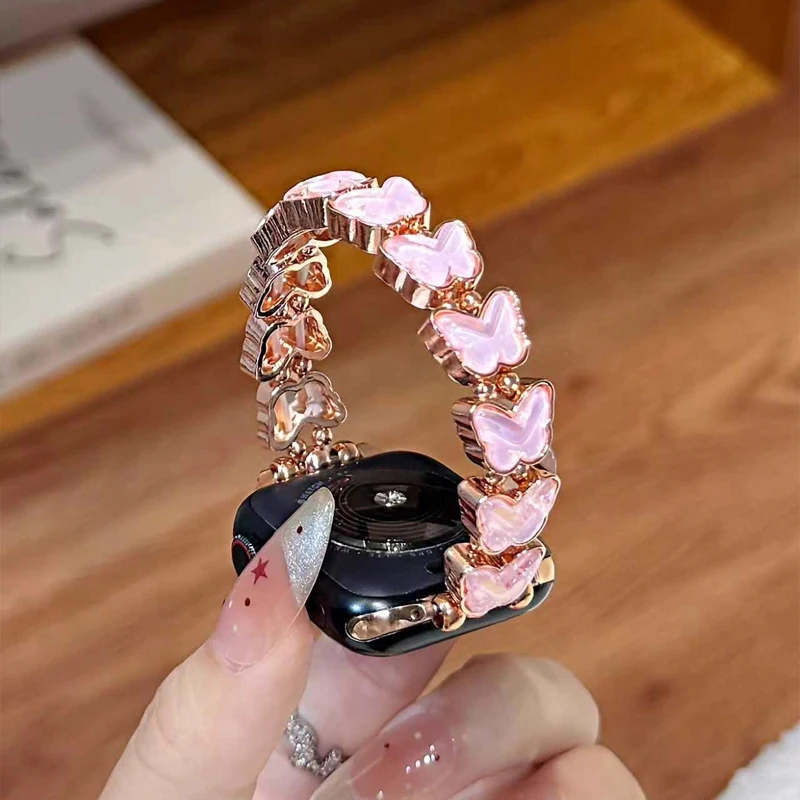 

Эластичный ремешок с бабочкой и бриллиантами для iWatch Ultra 10 9 8 42 мм 45 46 мм 49 мм Женский ремешок-браслет для Apple Watch 7 6 5 4 40 мм 41