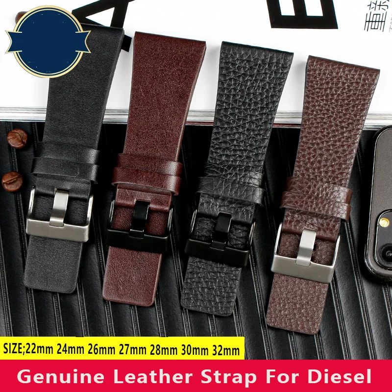 22mm 24mm 26mm 27mm 28mm 30mm 32mm Genuine Leather Strap Watchband For diesel Watches DZ4344 4323 1657 1206 DZ4318 Black Band