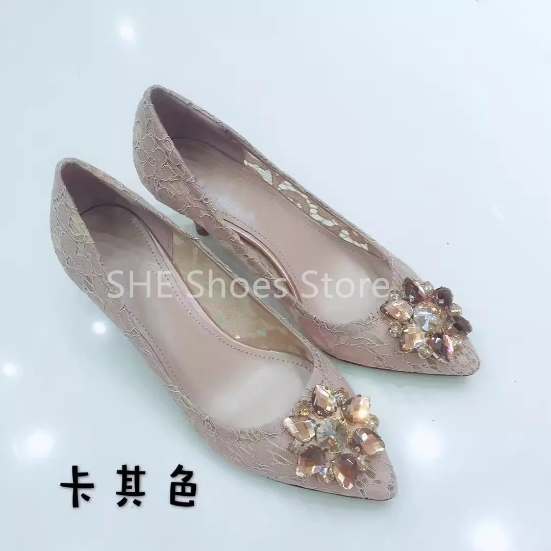 Hollow Out Lace Rhinestone Pointed Toe Thin Heel Women High Heels Fashion Catwalk Shallow Slip-On Pumps Wedding Bride Shoes