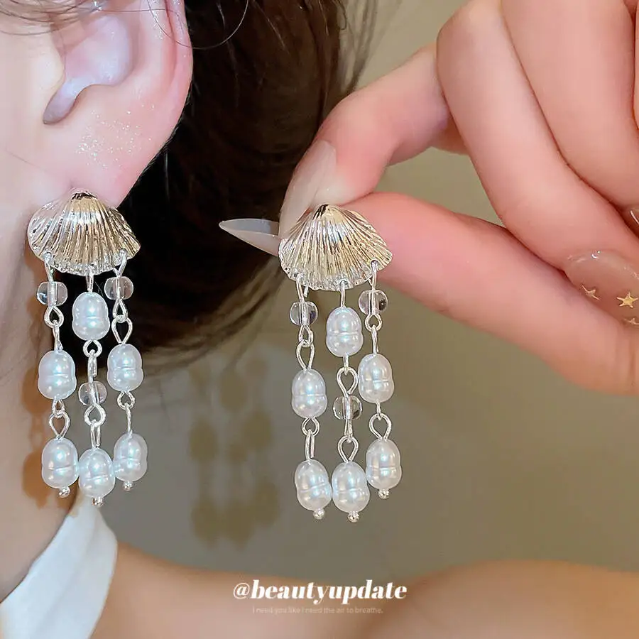 

European And American Cro-Border Ilver Needle Hell Pearl Tael Ummer Eaide Vacation Tyle Earring, Niche Deign